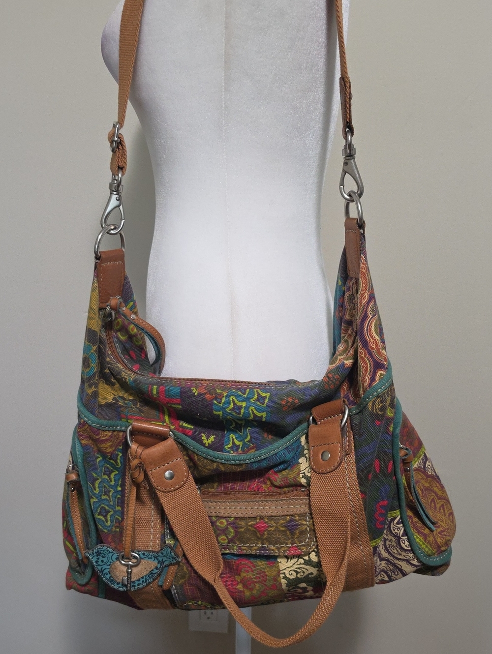 Vintage Fossil Patchwork Canvas & Leather Shoulder Bag - Y2K Boho - Excellent Co